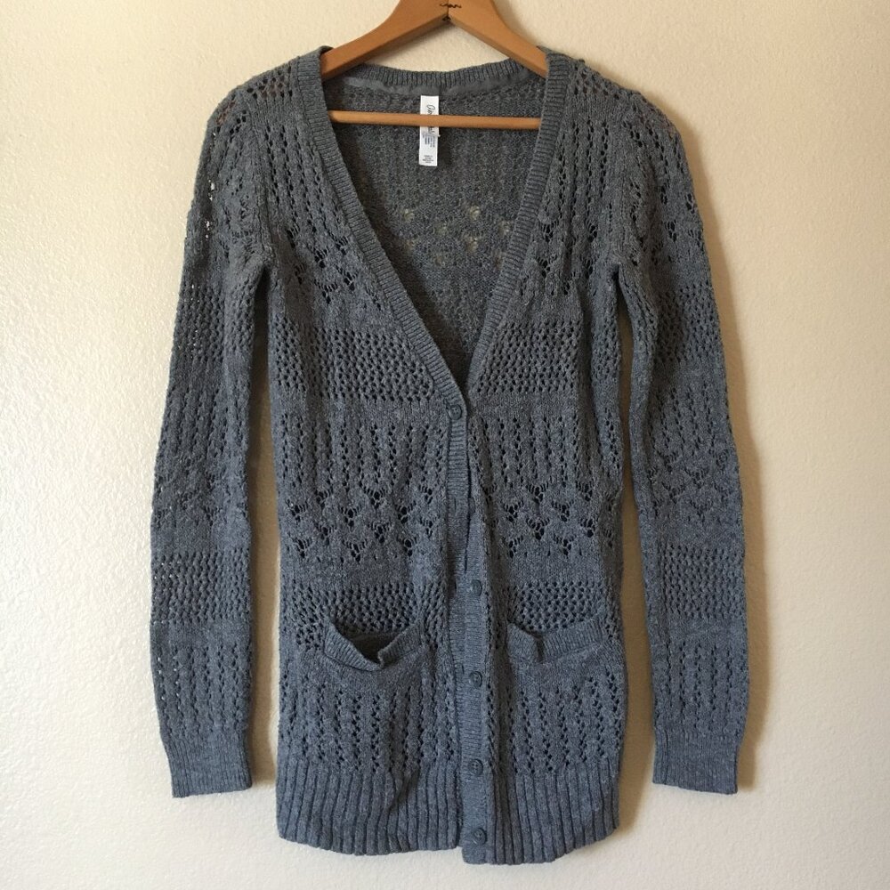 Cardigan Sweater M Granny Grey Pockets Long Open Knit Aeropostale